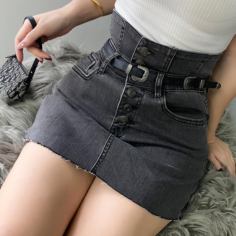 

Show Leg Length All Match Elastic Wrap Hip High Waist Denim Mini Skirt Casual Burrs Dark Grey Skirts Women, Gray