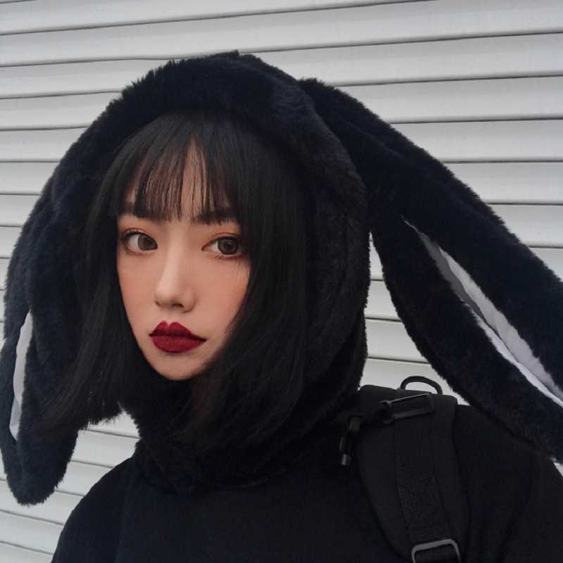 

Japanese gothic casual Ulzzang fashion large size street loose women's clothing dark rabbit hooded Harajuku hip-hop sweatshirt 210608, Black