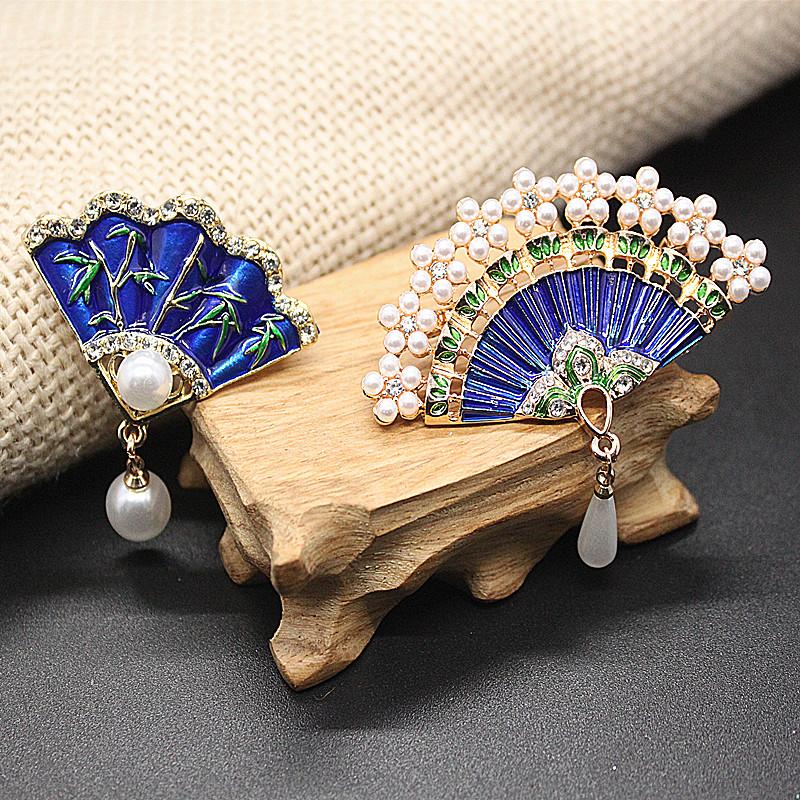 

Pins, Brooches Classical Hand Painted Enamel Fan Shaped Pearl Pendant Brooch Ladies Elegant Cheongsam Jewelry Accessories