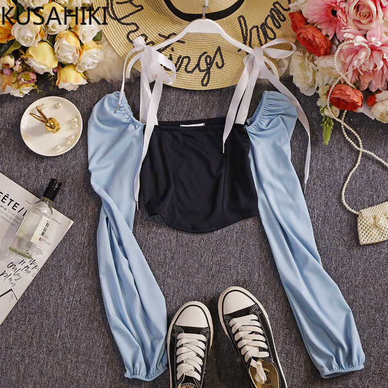 

Short Women Blouse Puff Long Sleeve Slash Neck Bow Tie Shirt Spring Hit Color Crop Top Blusas Femme 6F148 210603, Blue