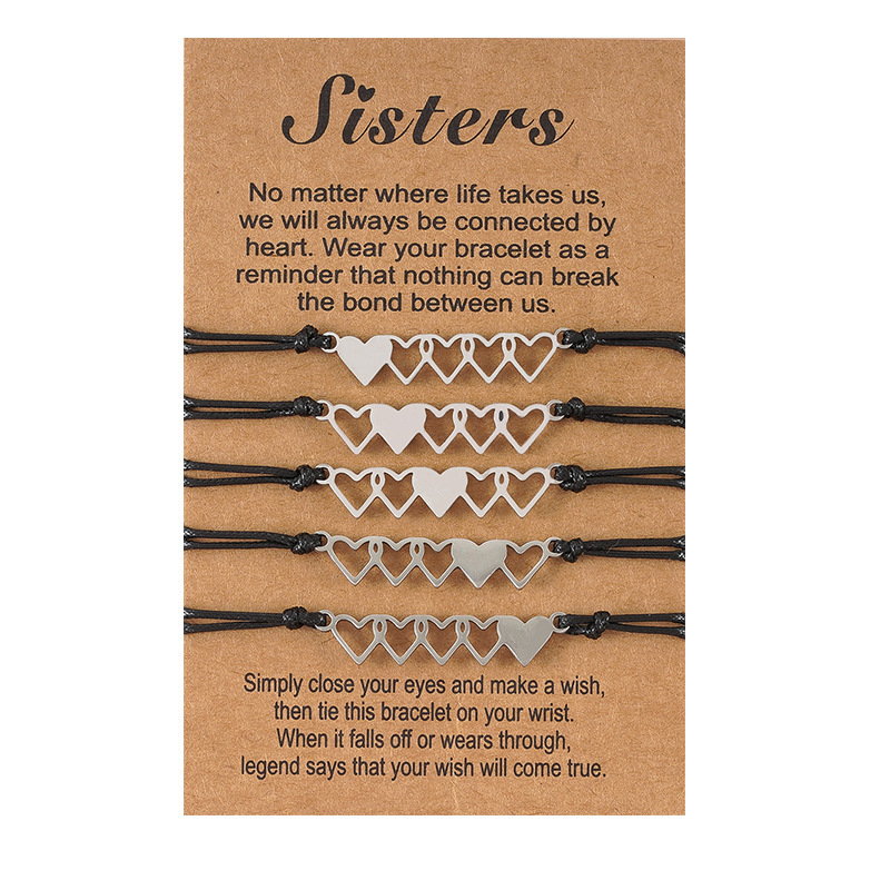 

Sisters Card Bracelet Creative Stainless Steel 5 Heart-to-heart Woven Friendship Bracelet 5-piece Set