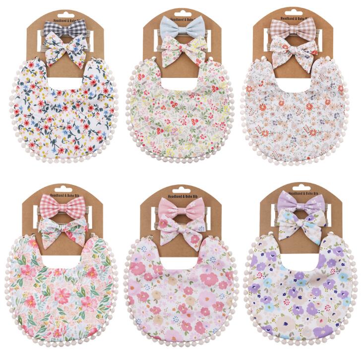 

Baby bib double-faced Bibs grid printing burp cloth Cotton flax Bow headband Hair accessories Infant Set 3 Pieces kids Gift Sets wmq890