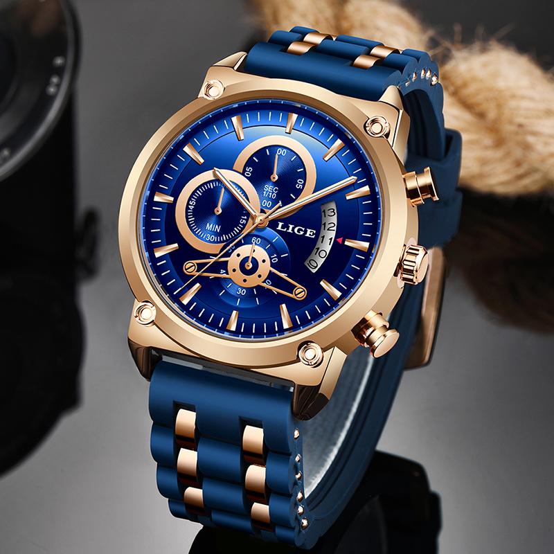

Wristwatches 2021 LIGE Blue Fashion Mens Watches Top Watch Men Silicone Waterproof Sport Quartz Clock Relogio Masculino+Box, All black