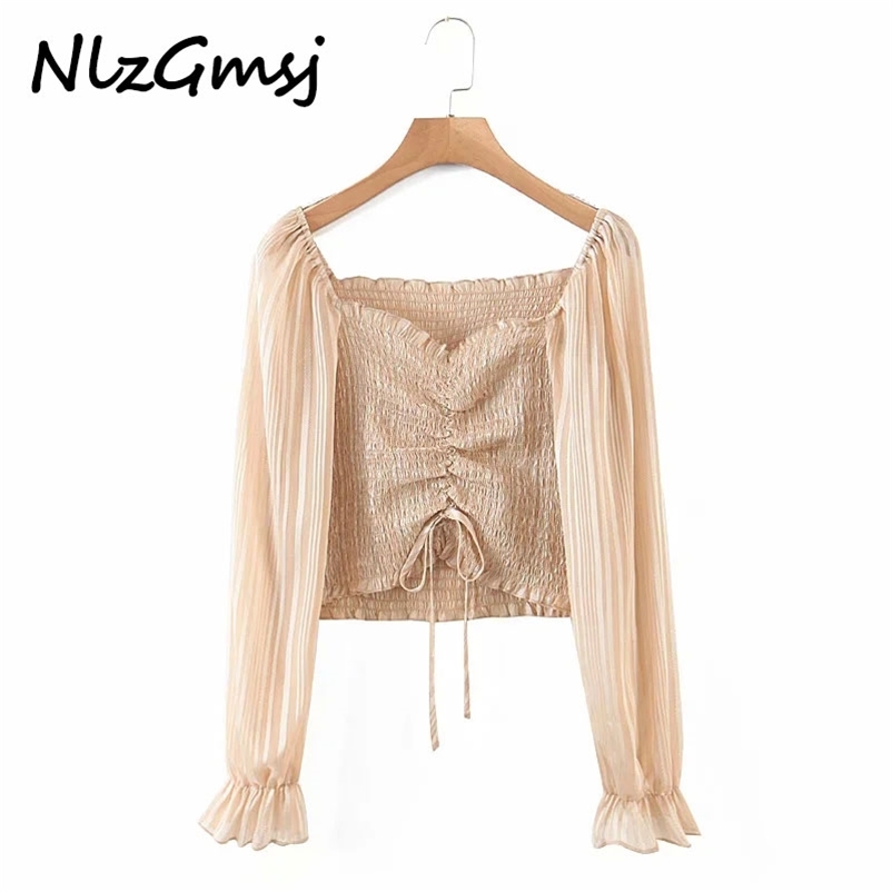 

Blouse Women Spring Autumn Fashion Square Collar Solid Color Drawstring Flare Sleeve Elasticity Shirt 210628, As picture