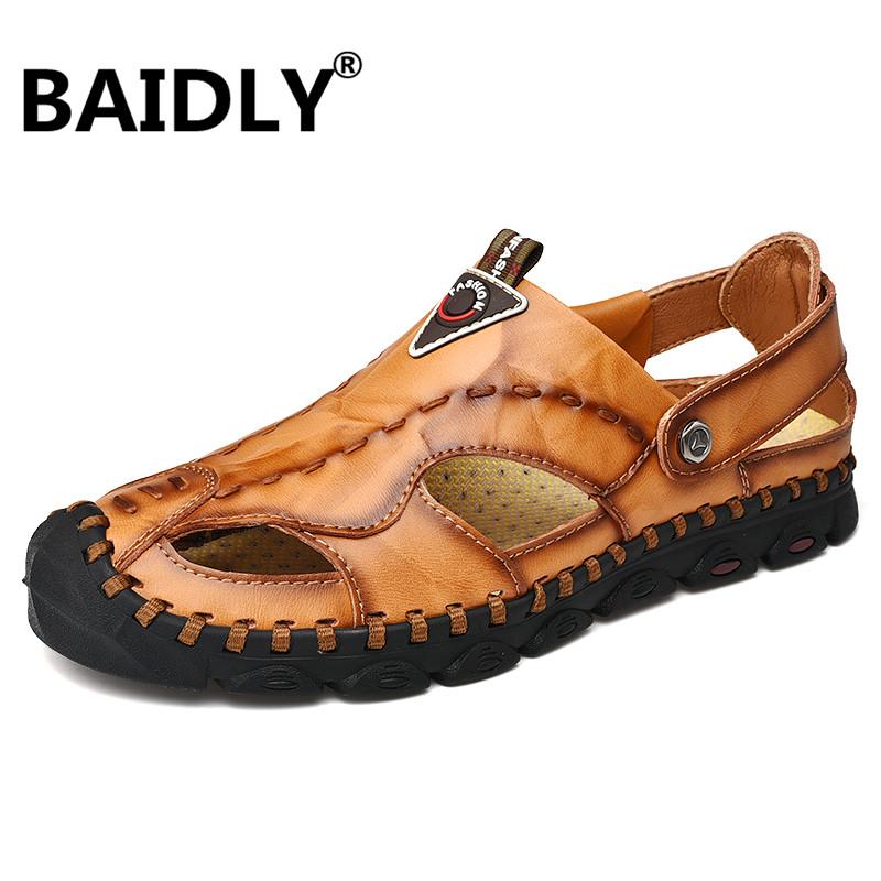

Sandals Genuine Leather Summer Men Slippers Casual Water Flat Shoes Soft Comfortable Beach Big Size, Black
