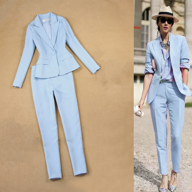 

Women's Two Piece Pants Office women's suits two-piece high quality autumn slim long-sleeved sky blue jacket female Casual cropped, Blue pants