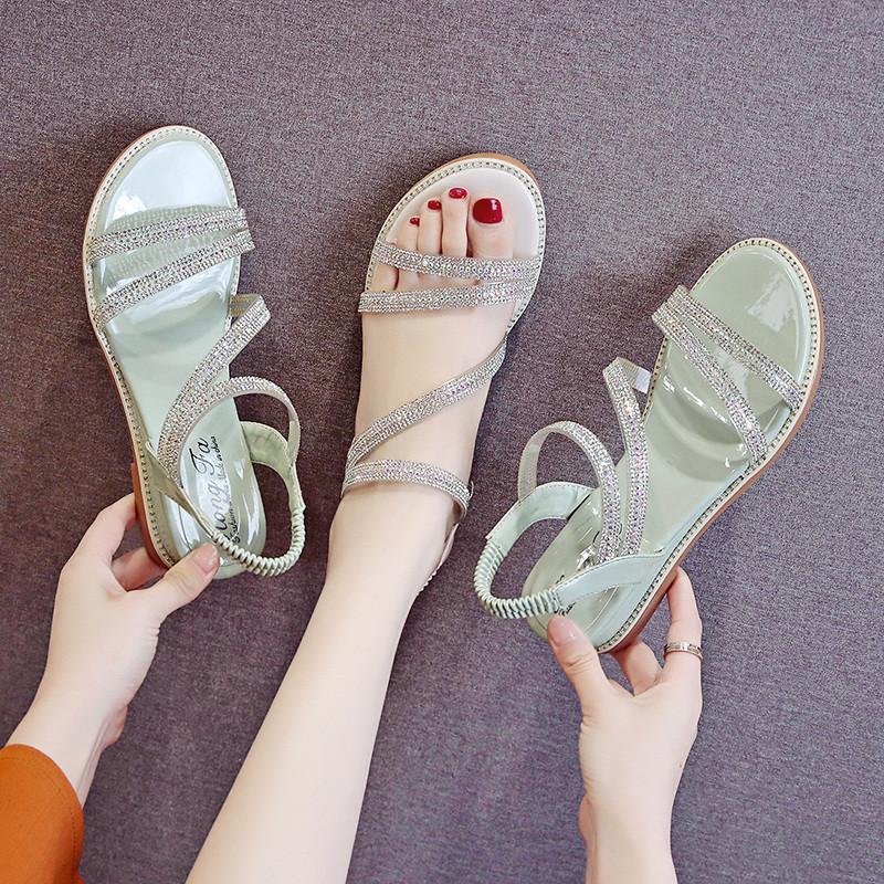

Women Summer Sandals Diamond Decoration Fashion Flats Shoes 2021 Sandal Non-slip Flat Slip On Basic, Beige