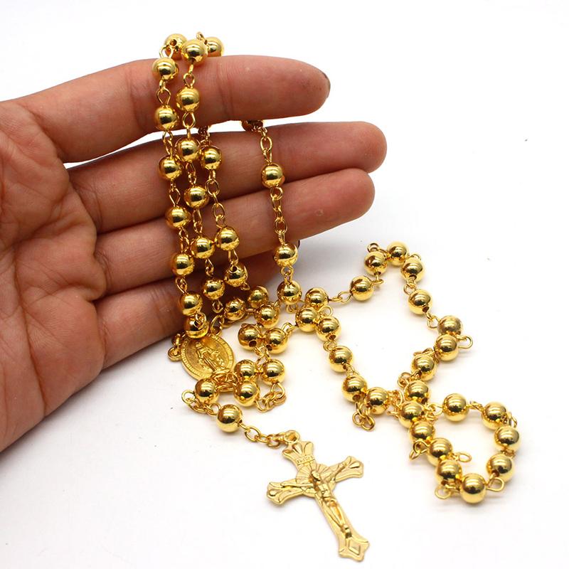 

Pendant Necklaces Religious Christian Gold Silver Color Copper Rosary Beads Necklace Jesus Cross Long Chain Neck Jewelry Gift