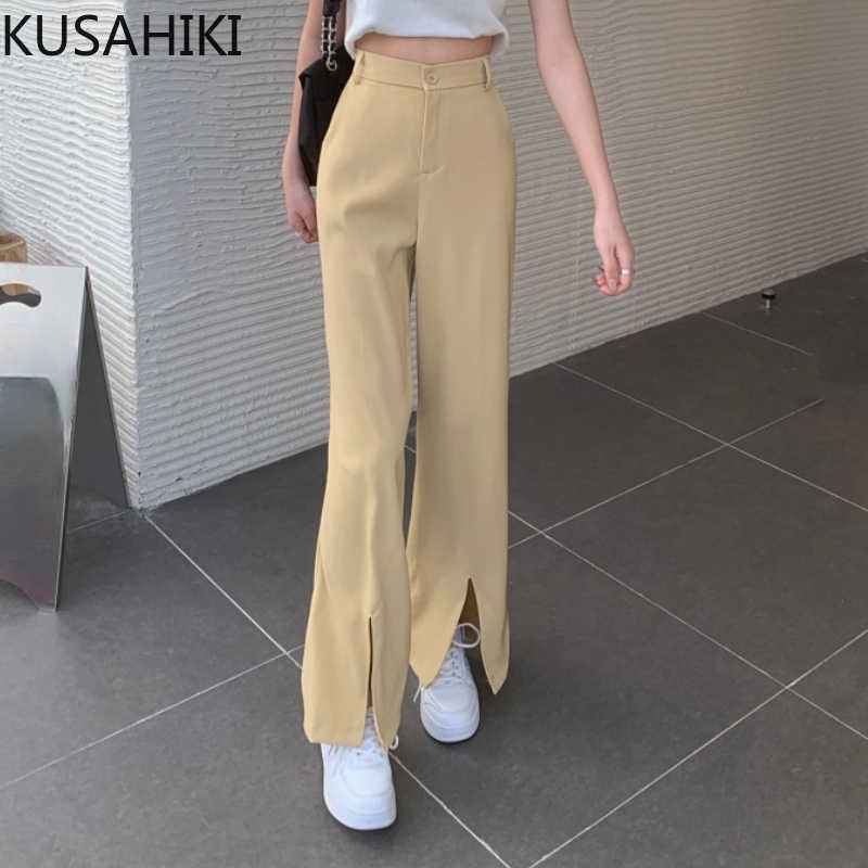 

High Waist Split Wide Leg Pants Summer Long Trousers Causal Solid Elegant Woman Mujer Pantalones 6G692 210603, Yellow
