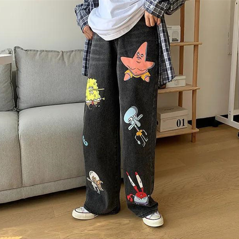 

2021Cartoon Jeans Women Cute Hip Hop Pants Fashion Loose Rock Jeans Harajuku Autumn High Street Casual Funny Pant Streetwear Female, Blue