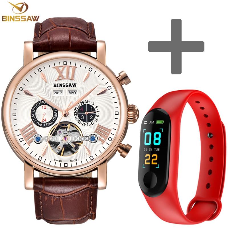 

Wristwatches BINSSAW Men Automatic Mechanical Watch Tourbillon Leather Fashion Casual Self-Wind Kid Mens Smart Women Set Watche, Slivery;brown