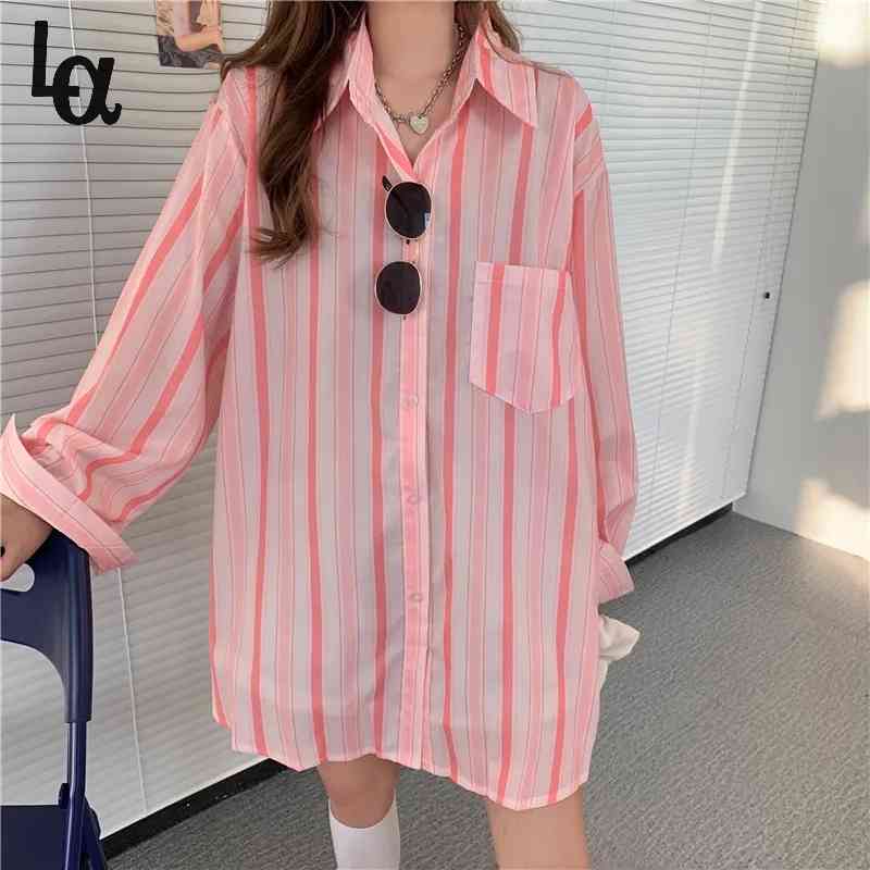 

Women Loose Long Sleeve Pocket Blouse Female Spring Summer Striped Pink Shirt Boyfriend Style For Girls 210519, Red