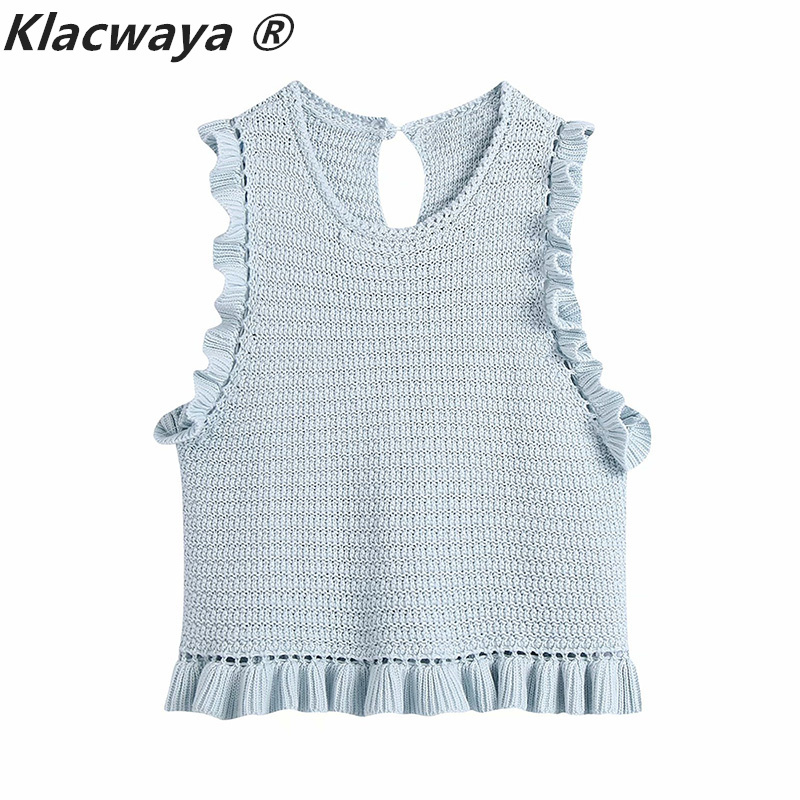 

Women Summer Sleeveless Crochet ruffle knit tank top Cute Round Neck Solid Color knitting Tops 210521, Blue