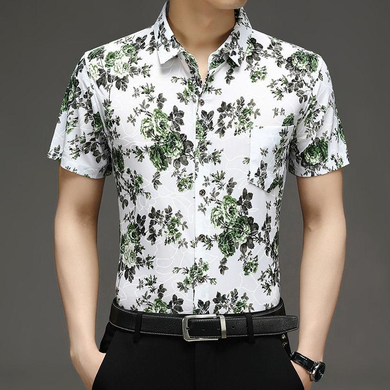 

Men's Casual Shirts 2021 Summer Short-sleeved Floral Shirt Pocket Printing Trend, Green