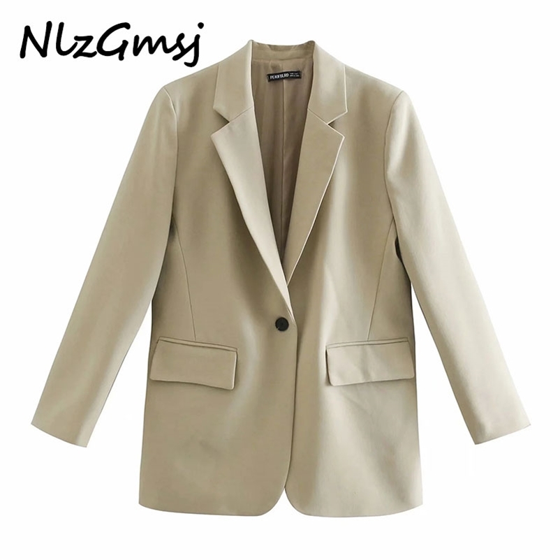 

Blazer Women Spring Jacket With Turndown Collar Single Button Pocket Solid Casual Outwear Autumn Classic Khaki Coat 210628, As picture