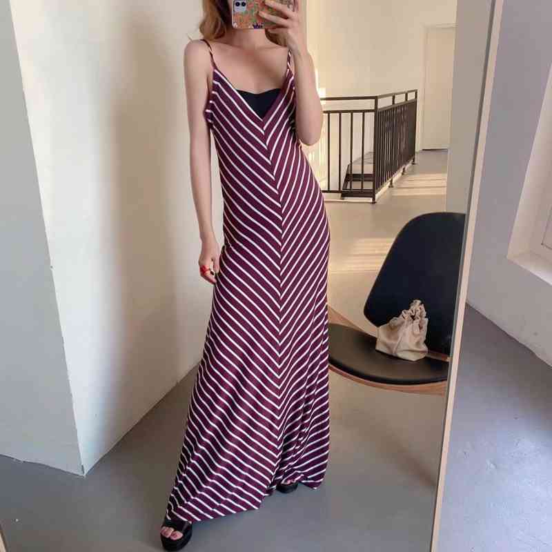 

Fashion V neck Camis Dress Sleeveless Striped A-line Maxi Long Elegant Party Vacation Beach Womens XZ2456 210525, Red