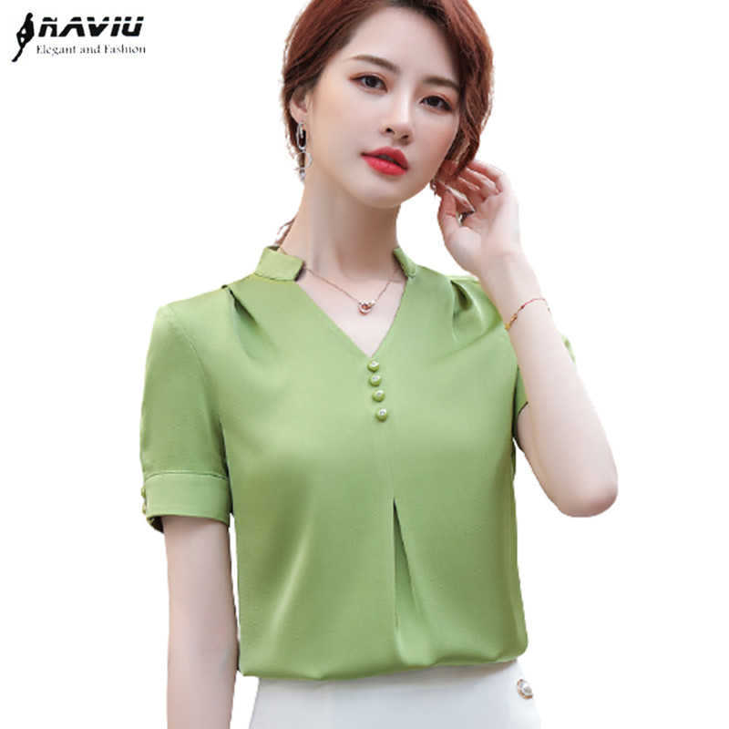

Elegant Chiffon Short Sleeve Women Temperament Fashion V Neck Yellow Ice Silk Blouses Office Ladies Casual Work Tops 210604, Fruit green