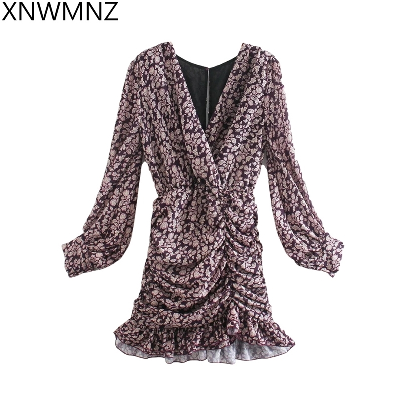 

Women' Elegant printed draped dress retro sexy long sleeve V-neck ruffles mini Slim Party Chic vintage Dresses 210520, Picture color