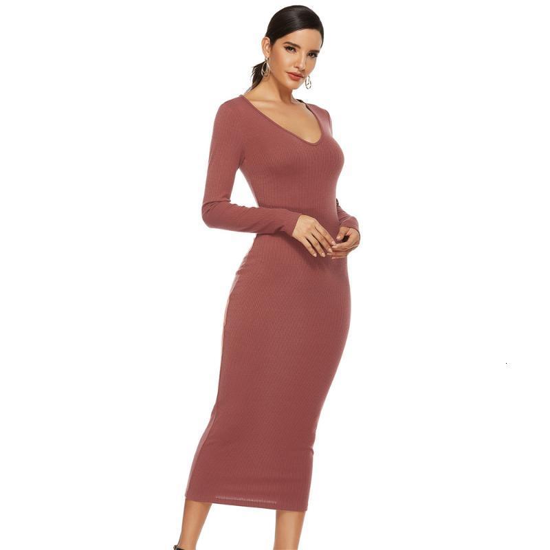 

Sexy V-neck Slim Women's Slimming Knitted Pit Strip Long-sleeved Bottoming Autumn Knit Winter Maxi Bodycon Long Dress, Gray