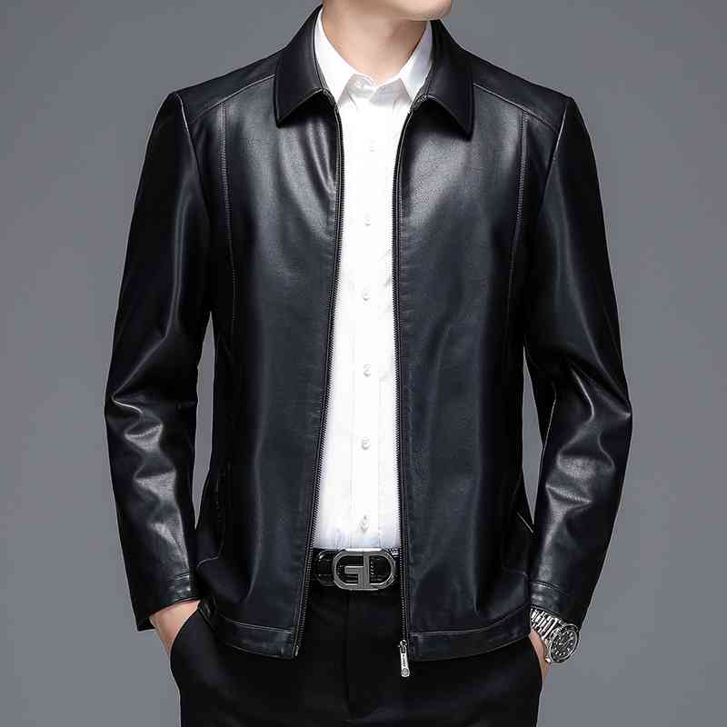 

Men's basic jacket fashion trend foreign style light business leisure solid color Lapel leather coat, Black.