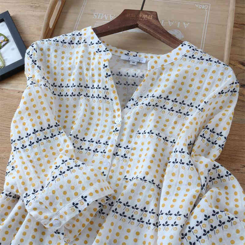 

Women's Blouses & Shirts Summer Arts Style Women 3/4 Sleeve Casual V-neck Vintage Print Loose 100% Cotton Femme Tops High Quality, Picture color