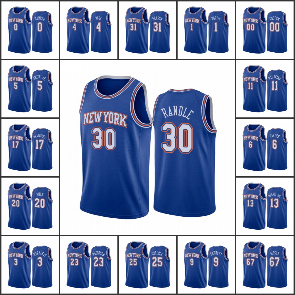 

Men New YorkKnicksJohn Henson R.J. Barrett Derrick Rose Julius Randle Kevin Knox Custom Blue Statement Edition Jersey 2021 Trade, Black