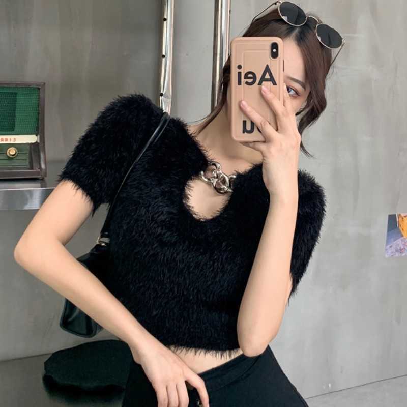 

Sexy Chain V-Neck knitting pullover top Fashion autumn short sleeve sweater women Chic knit slim jumper femme 210526, Photo color