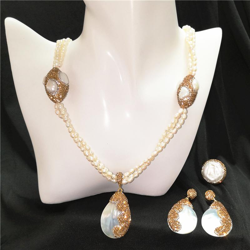 

Earrings & Necklace Women Elegant Jewelry Sets Freshwater Rice Pearl Shell Pendant And Ring Wedding Bride Accessories, As pic