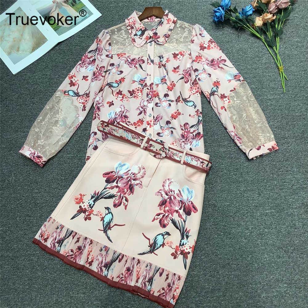 

Truevoker Women's High Quality Print Lace Patchwork Blouses + Belted Skirt Party Two Pieces Sets Suits 210602, White