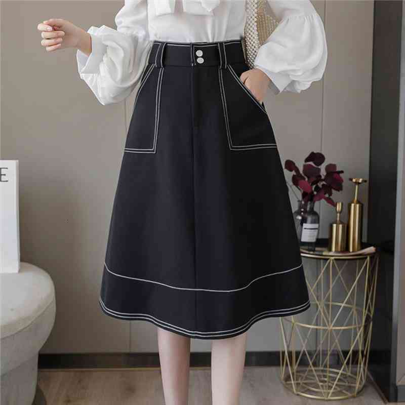 

fashion hit color high waist women skirt spring summer a-line knee length skirts black beige female elegant