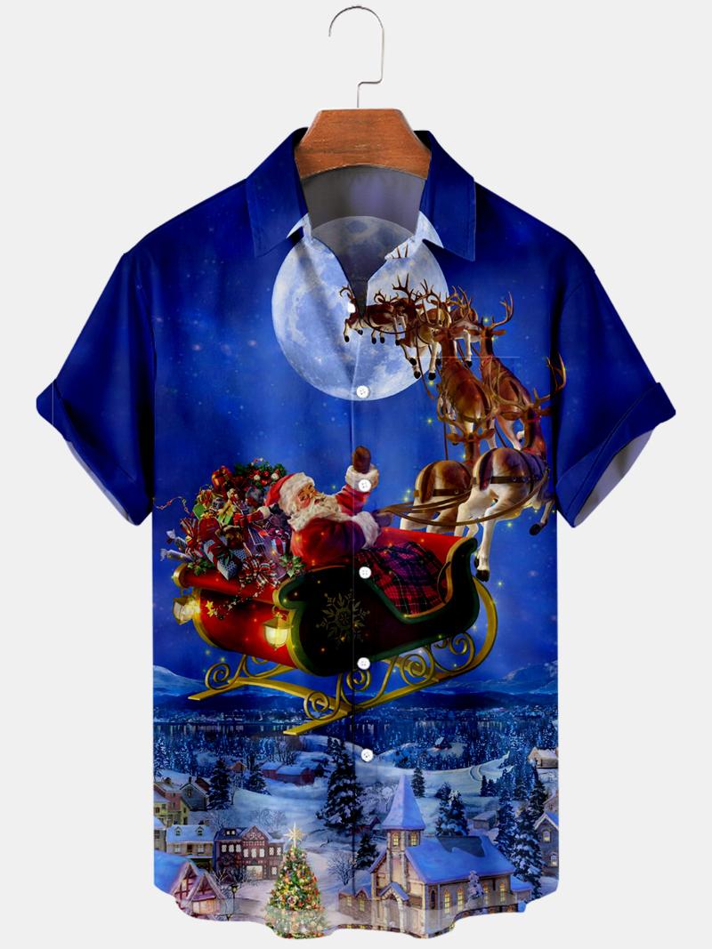 

Men's Casual Shirts 2021 Santa Claus Series 3D Digital Printing Trend Loose Short-sleeved Shirt Top, Navy blue