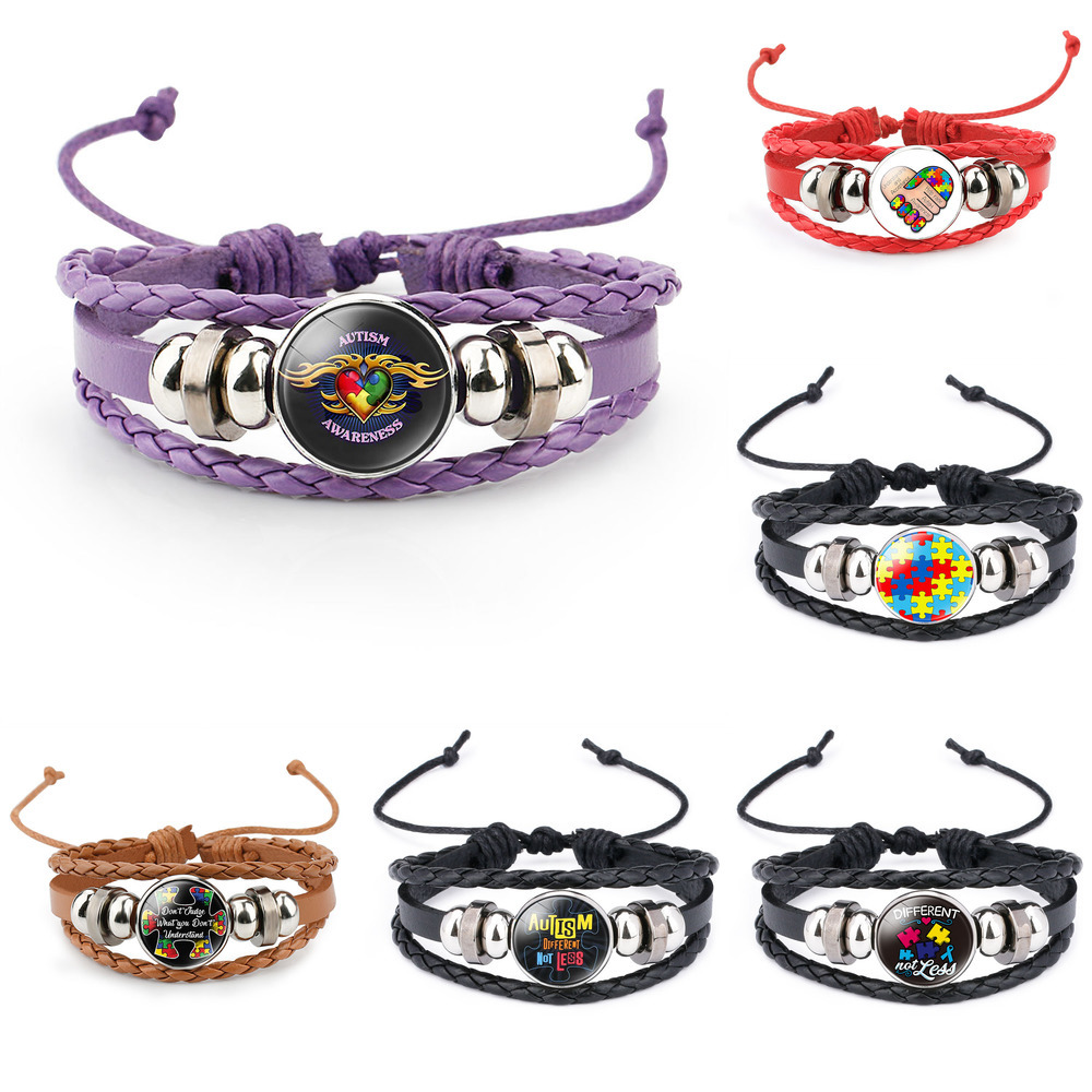 

Autism Mom Awareness Bracelet for Children Handmade Knitted Leather Puzzle Charm Bracelet Boy Girl Wristband Jewelry