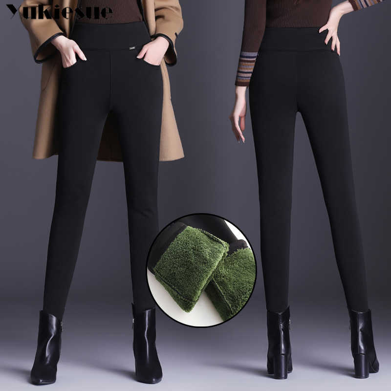 

Fashion High Waist Autumn Winter Women Thick Warm Elastic Pants Quality -5XL Trousers Tight Type womens Pencil 210608, Black lamb velvet