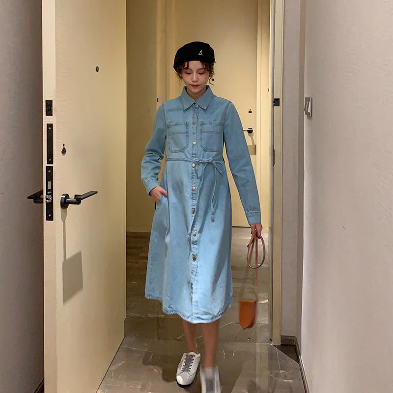 

Maternity Dresses 692# Dress Long Sleeves Midi Solid Color Denim Pregnancy Loose Large Size Pregnant Woman Mom, White