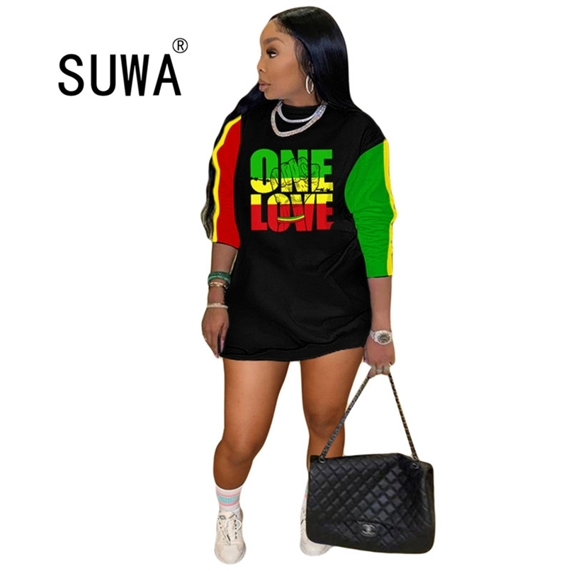 

Wholesale Plus Size Clothes Colorful Letter Printed Classic Fashion Sweatshirt Bodycon Dress Women Casual Long Sleeve Streetwear 210525, Multi