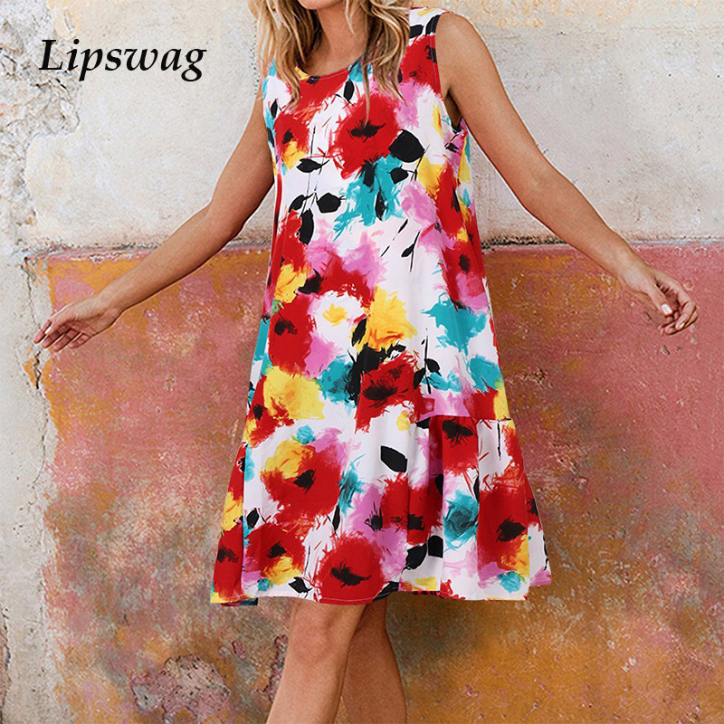 

summer sleeveless ruffle beach dress vintage elegant floral print party dress women casual o-neck loose mini dress vestidoshigh quality, Black;gray