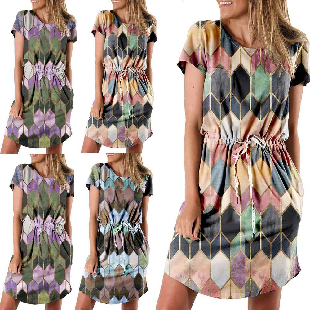 

summer women's diamond print Short Sleeve Dress, Black;gray