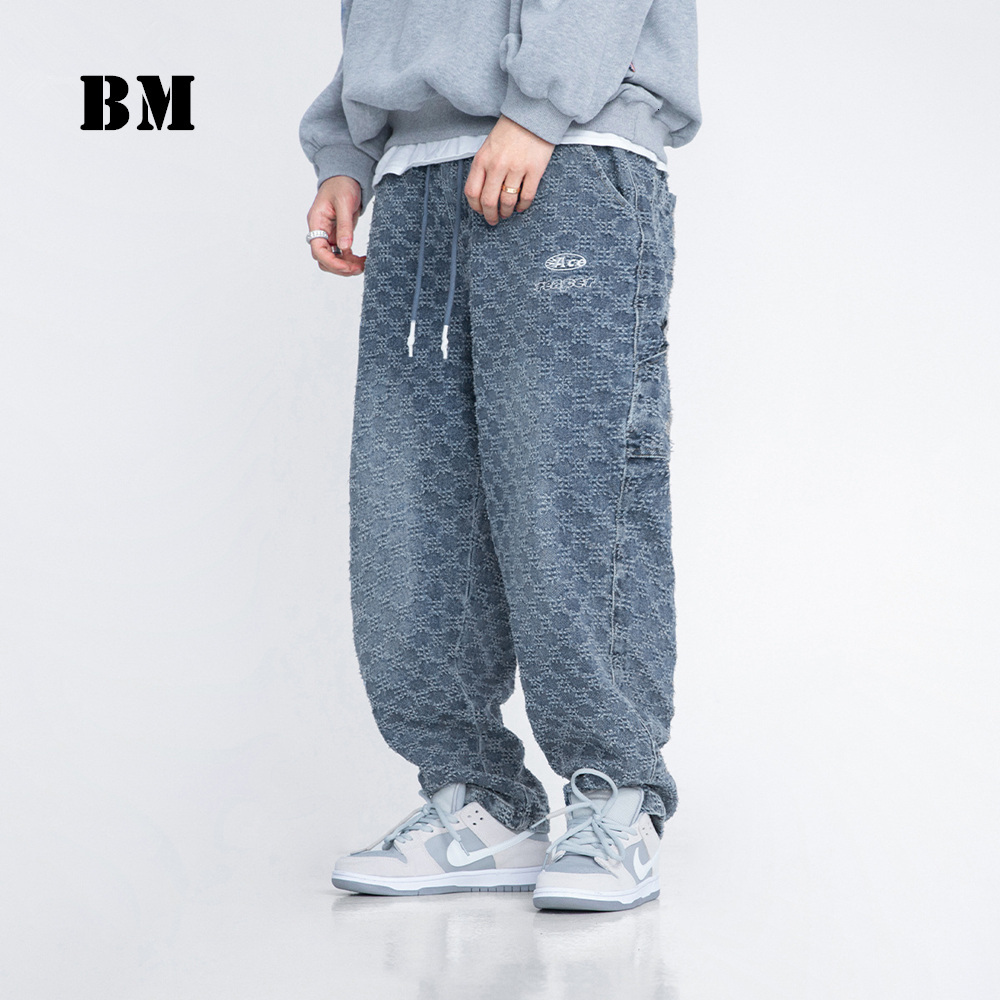 

Men's Shorts Diamond Plaid Frayed Jeans Harajuku Letter Embroidery Loose Straight Denim Pants 2021 Hip Hop Fashion Trousers Men Cl, Blue