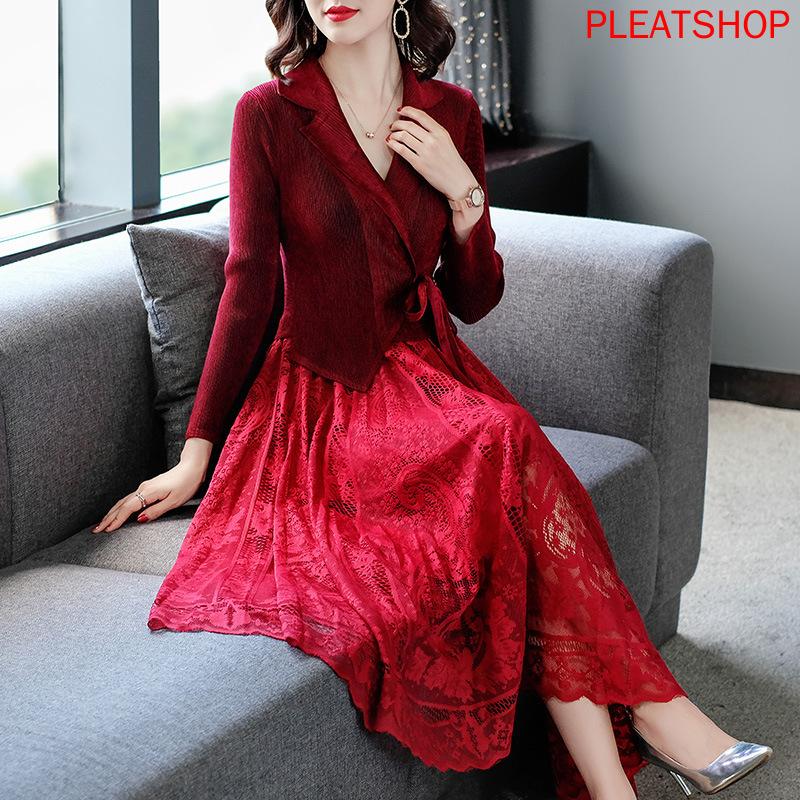 

Casual Dresses Pleated Dress Autumn Fashion Heavy Industry MIYAKE Folded Velvet Business Suit Collar Fake Two-Piece Women Vestido De Mujer, Black