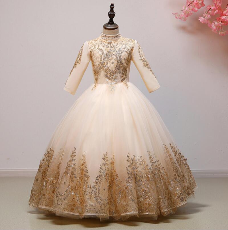 

Girl's Dresses Gold Sequin Lace Flower Girl Princess Dress Long Sleeve Party Birthday Wedding Toddler First Communion Gown, Red;yellow