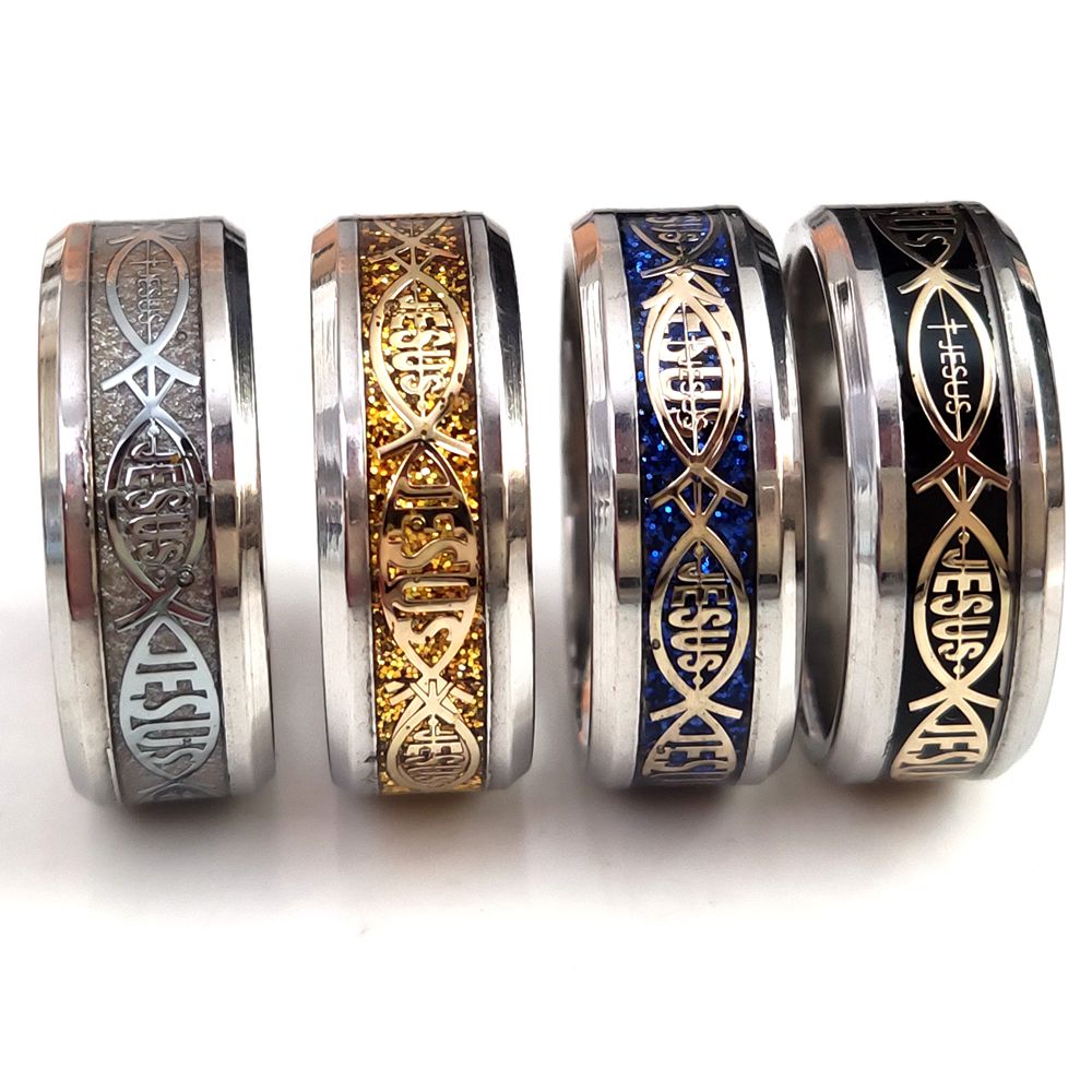 

24pcs/lot High Quality Jesus Letter 316L Stainless Steel Ring Top Color Mix Religious Christian Fish Finger Rings Men Women Wedding Jewelry Male Bible Ring