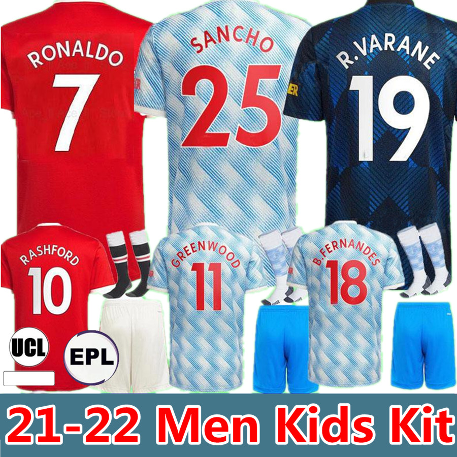 

RONALDO 21 22 SANCHO soccer jersey Fans Player version MAN BRUNO FERNANDES LINGARD POGBA RASHFORD GREENWOOD CAVANI MARTIAL football shirt 2021 2022 men + kids kit sets, Colour 1