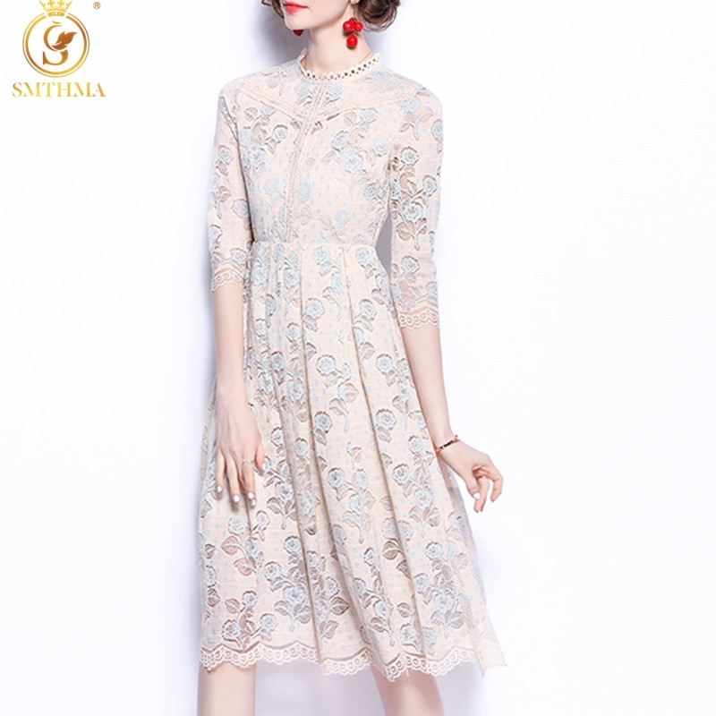 

Fashion Summer Lace Embroidery Flowers Dress Vintage Hollow Out Luxury Elegant Slim Women Party Dresses 210520, Photo color
