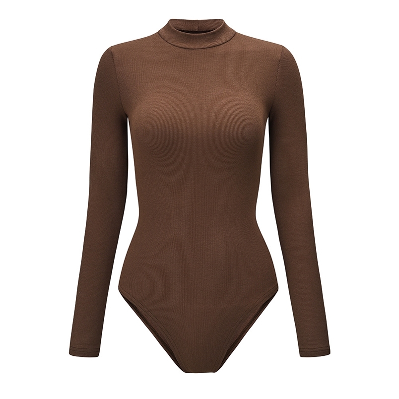 

Autumn Winter Body Blanc Femme Long Sleeve Slim Ribbed suit Women Basic con Jumpsuit Half-Turtleneck All-match Noir 210604, Coffee
