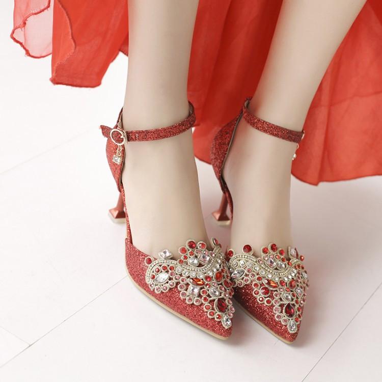 

Crystal Wedding Shoes For Bride Bling Strange High Heels Sandals Gold Siver Red Elegant 2021, Black