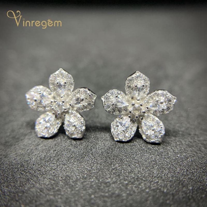 

Stud Vinregem 100% 925 Sterling Silver Pear Cut Created Moissanite Gemstone Wedding Engagement Flower Ear Studs Earrings Fine Jewelry, Golden;silver