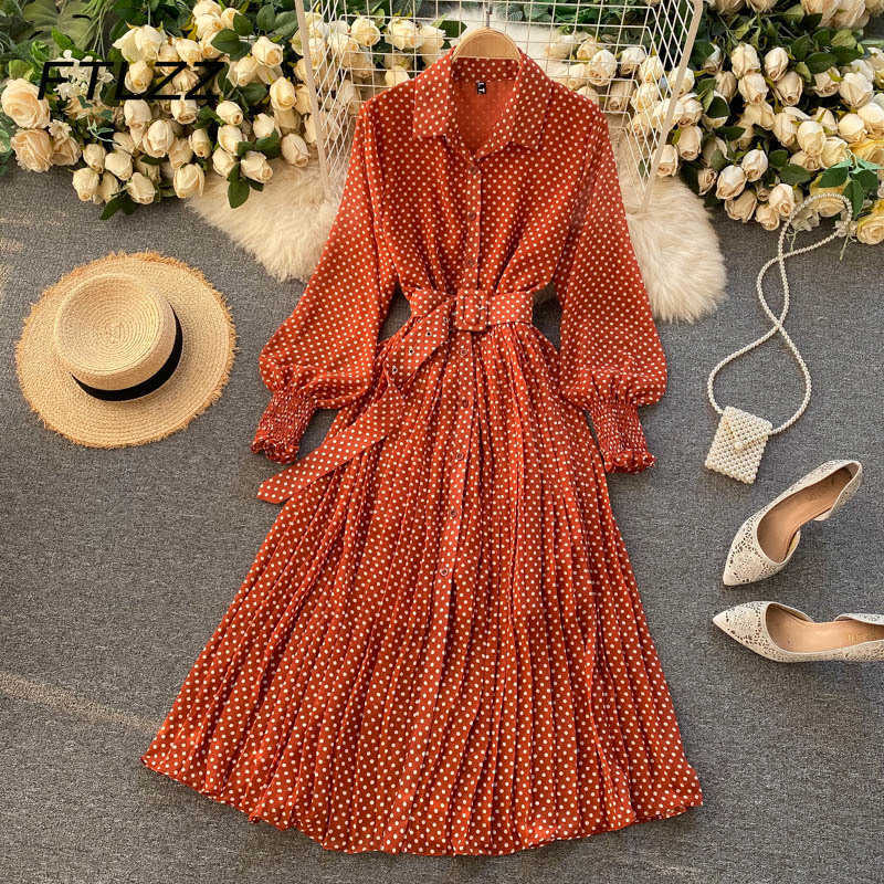 

Retro Women Polka Dot Dress Spring Summer Slim A Line with Belt Chiffon Pleated Dresses Ladies Elegant Long Robe Vestidos 210602, Watermelon red