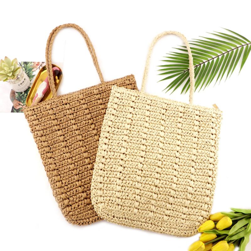 

Evening Bags Knitted Women Shoulder Bag Tote Handbag Hollow Rope Beach Straw Woven Leisure Summer Female Bolso Mujer, Beige