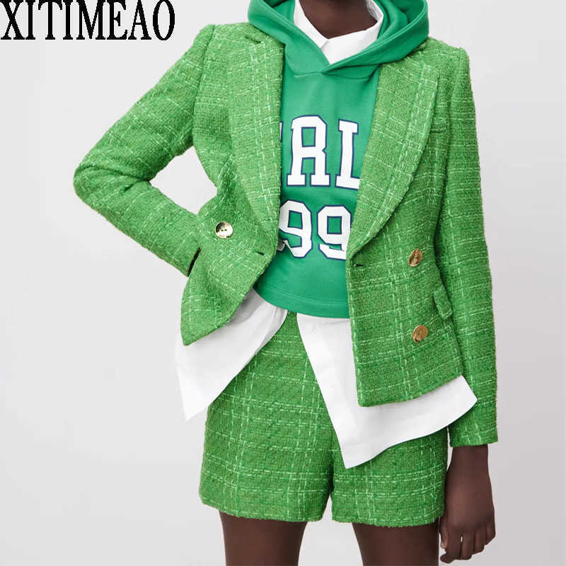 

ZA Long Sleeve Leisure Styles Women Casual High Waist Short Plaid Suit With Shorts And Jackets Coat Ladies Blazers Set 210602