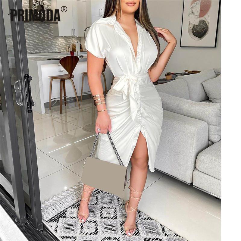

Casual Dresses Classic Office Lady White Dress Party Women Elegant Buttons Satin High Waist Flare Short Sleeve Sexy Club V Neck Slashes PR57, M0514 black